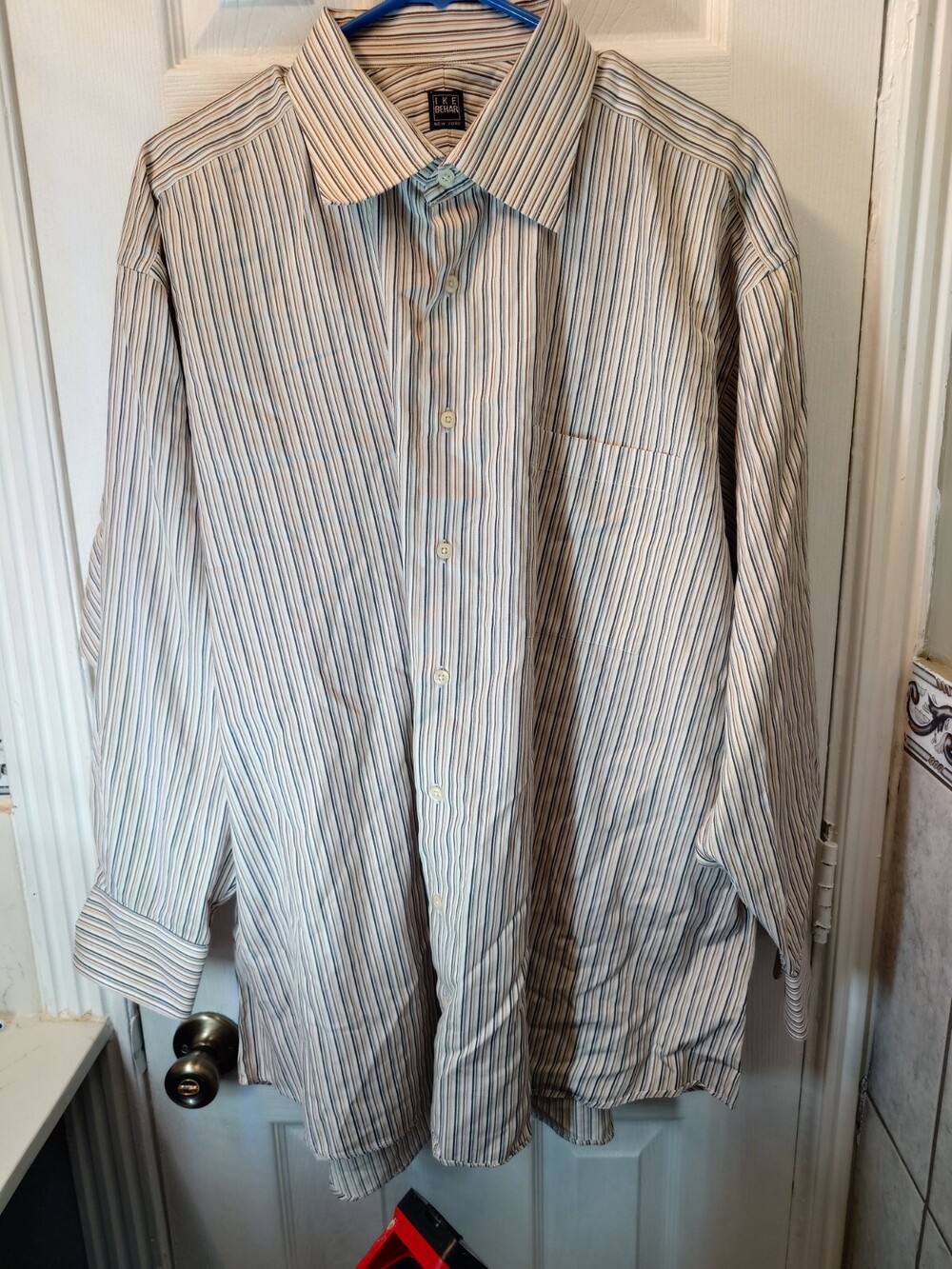 Ike Behar Button Up Shirt Men's 18-34 Beige grey Stripes